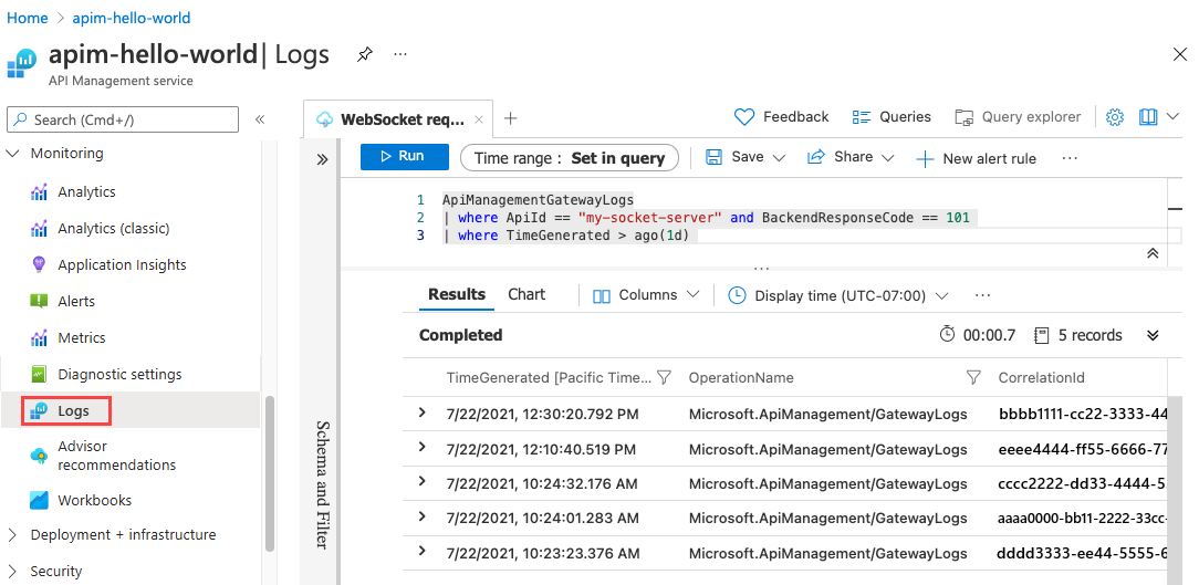 Screenshot mit Abfrageprotokollen für WebSocket-API-Anforderungen.