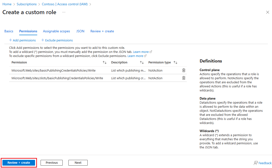 Screenshot: Ausschließen von „Schreiben“ für „basicPublishingCredentialsPolicies“.