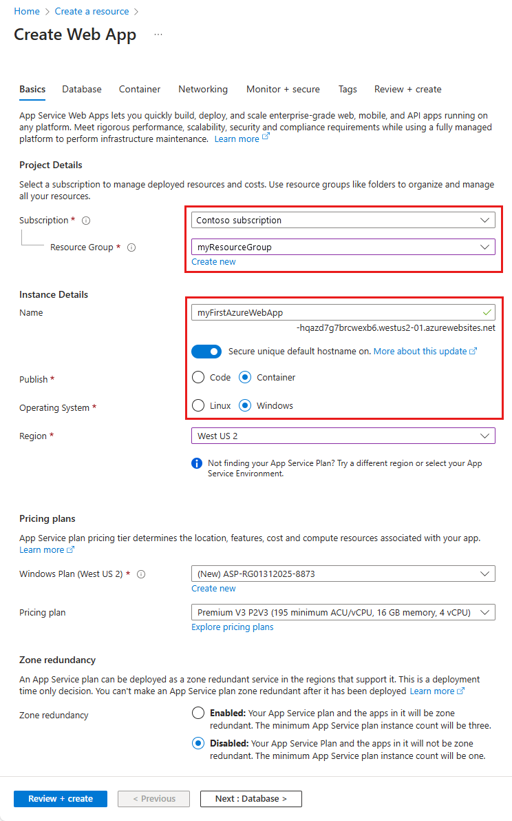 Screenshot, der zeigt, wie Sie eine Web-App für Container erstellen.