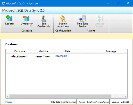 Screenshot der Anwendung Microsoft SQL-Datensynchronisierung&nbsp;2.0, der zeigt, dass die SQL Server-Datenbank und der Computer jetzt registriert sind.