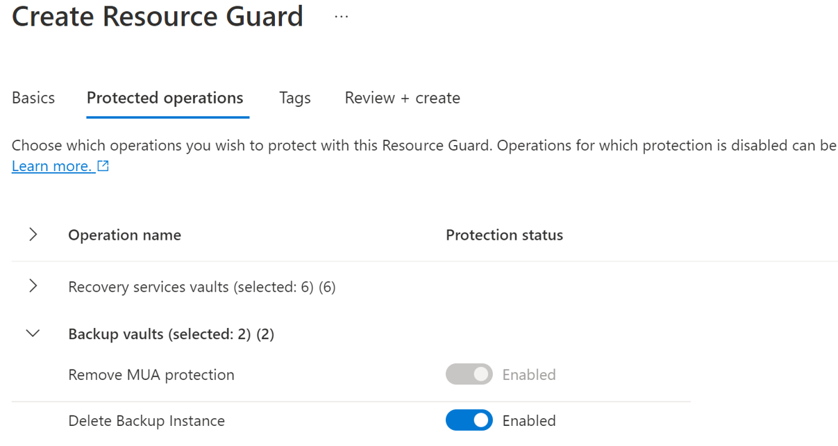 Screenshot: Auswählen von Vorgängen für den Schutz mithilfe von Resource Guard.