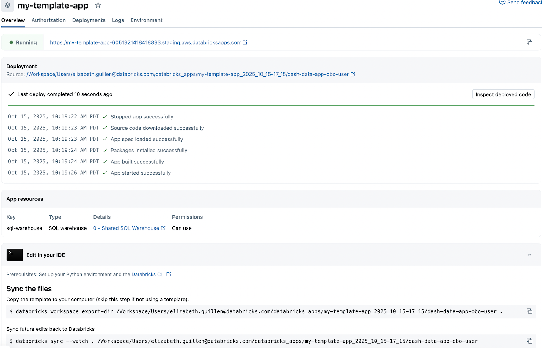Anzeigen der Details einer app, die aus einer Vorlage erstellt wurde