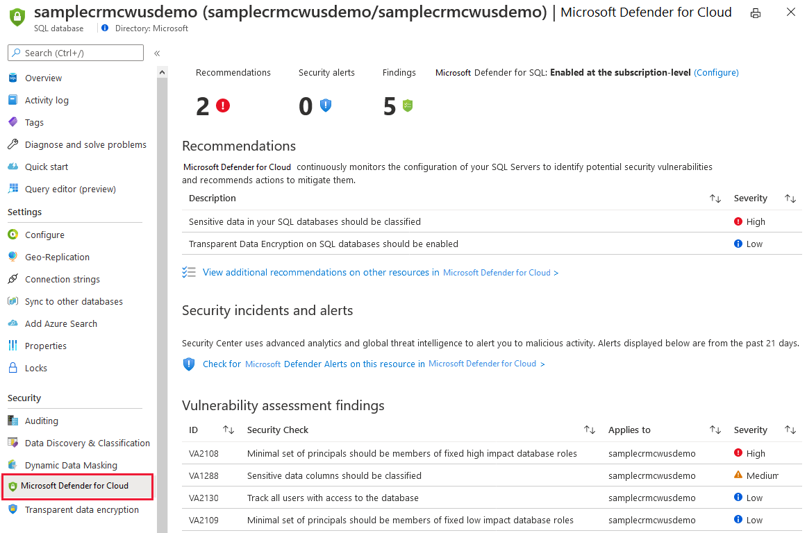 Azure Security Center Sicherheitsfeatures für SQL stehen in Azure SQL