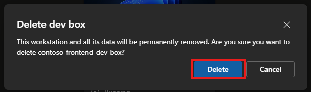 Screenshot der Bestätigungsmeldung zum Löschen einer Dev-Box.