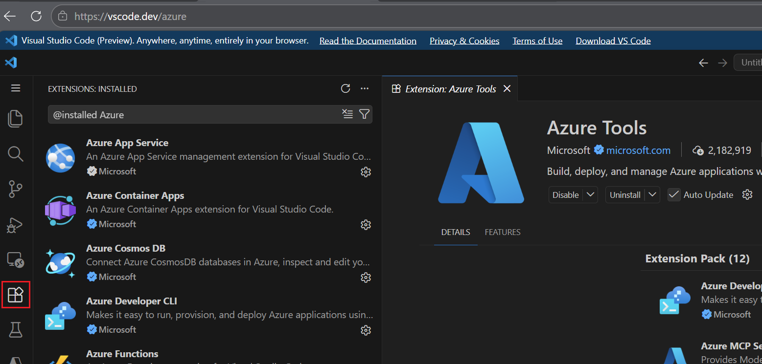 Screenshot von VS Code für das Web mit Details zum Azure Tools-Erweiterungspaket und der Liste der installierten Azure-Erweiterungen.