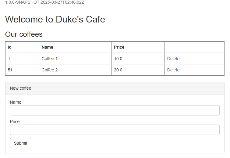 Screenshot der Java Liberty-Anwendung, die erfolgreich in Azure-Container-Apps bereitgestellt wurde.