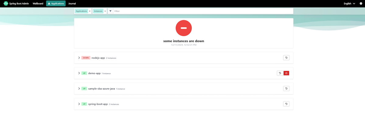 Screenshot des Spring Boot Admin-Dashboards.
