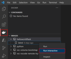 Screenshot der Verwendung der Docker-Erweiterung in VS Code zum Ausführen eines Containers aus einem Docker-Image.