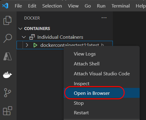 Screenshot, der zeigt, wie Der Endpunkt eines Docker-Containers in Visual Studio Code durchsucht wird.
