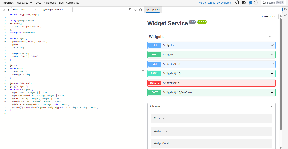 Screenshot des TypeSpec-Playgrounds mit BEISPIEL-HTTP-Dienst, der an die Swagger-BEnutzeroberfläche gesendet wird.