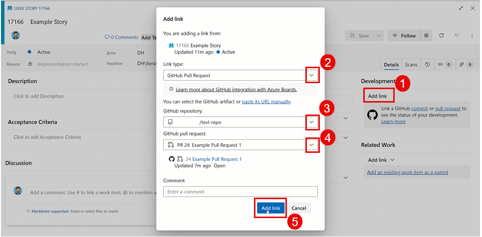 Screenshot der fünfstufigen Sequenz zum Hinzufügen eines Pullanforderungslinks zur Arbeitsaufgabe.