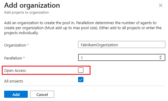 Screenshot, der zeigt, wie Sie den offenen Zugriff für mehrere Organisationen konfigurieren.