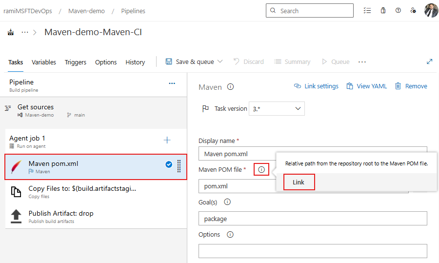 Screenshot mit dem Info- und Linkfenster zum Verknüpfen eines neuen Prozessparameters in einer klassischen Pipeline.