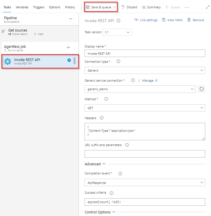 Ein Screenshot, der zeigt, wie die AUFRUF-REST-API-Aufgabe eingerichtet wird.