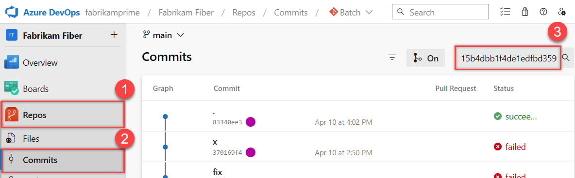 Screenshot, das zeigt, wie die kopierte Commit-ID für die Revision eingegeben wird.