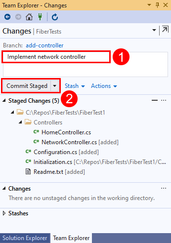 Screenshot des Commit-Nachrichtentexts und der Schaltfläche 
