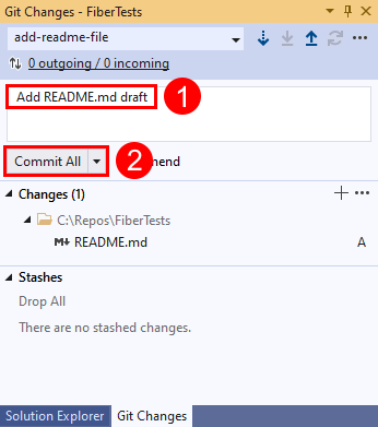 Screenshot der Schaltfläche „Alle committen“ im Fenster „Git-Änderungen“ in Visual Studio.
