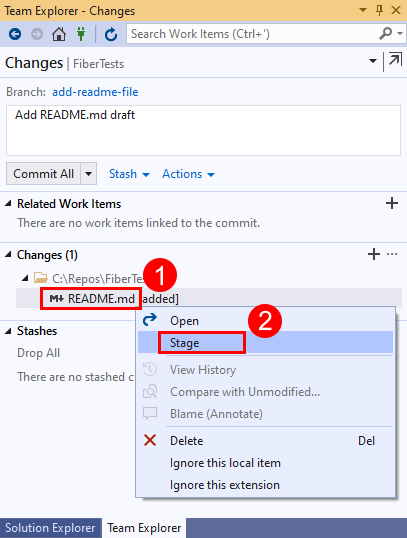 Screenshot der Option „Stage“ im Kontextmenü für geänderte Dateien in Team Explorer in Visual Studio&nbsp;2019.