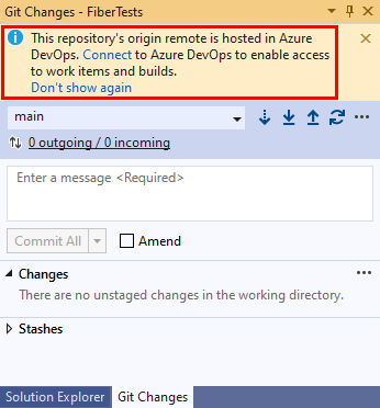 Screenshot des Fensters „Git-Änderungen“ mit einer Bestätigungsmeldung, dass sich Ihr Code im Repository „Azure DevOps“ in Visual Studio&nbsp;2019 befindet.