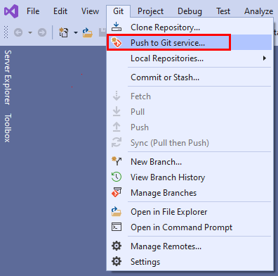 Screenshot der Option „Zum Git-Dienst pushen“ im Kontextmenü von Visual Studio&nbsp;2022.