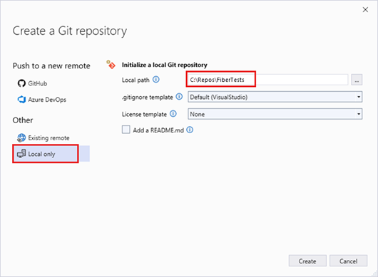 Screenshot des Fensters „Git-Repository erstellen“ mit ausgewählter Option „Nur lokal“ in Visual Studio&nbsp;2022.