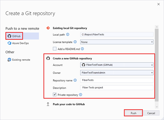 Screenshot: Dialogfeld „Git-Repository erstellen“ in Visual Studio&nbsp;2022.