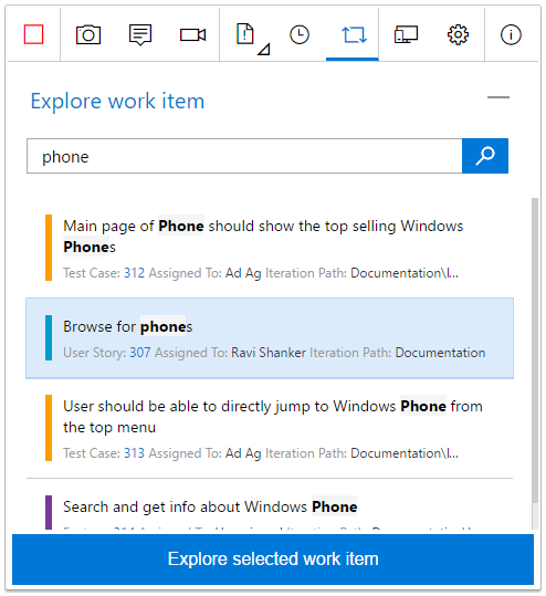 Screenshot, der die Auswahl des Arbeitselements in den Suchergebnissen zeigt.