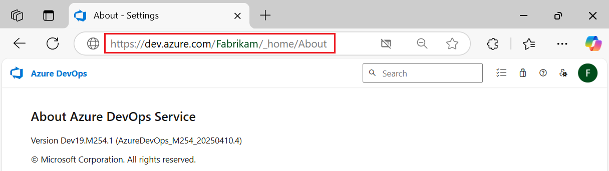 Screenshot der Infoseite von Azure DevOps Services, die die Plattform, wie sie von der Organisation verwendet wird, und die Versionsnummer anzeigt.