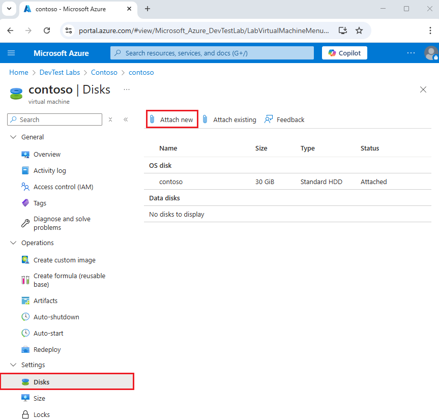 Screenshot: „Neu anfügen“ auf der Seite „Datenträger“ der VM.