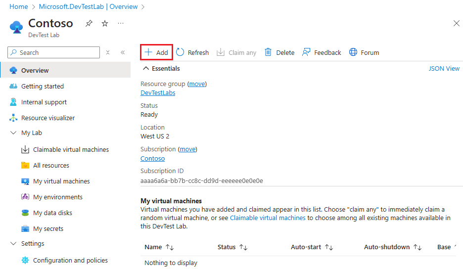 Screenshot der Seite „Übersicht“ eines Labs mit hervorgehobener Option „Hinzufügen“