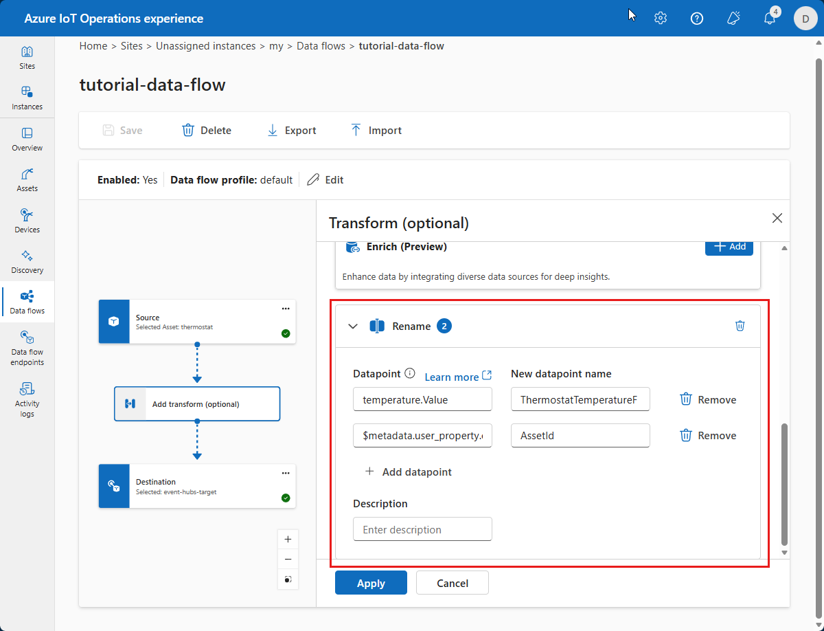 Screenshot der Umbenennungstransformation.