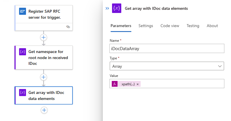 Screenshot des Verbauchsworkflows und der Aktion mit dem Ausdruck, um ein IDocs-Array abzurufen.