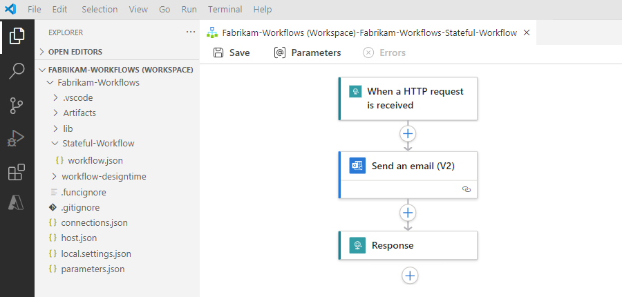 Screenshot mit Visual Studio Code, Logik-App-Arbeitsbereich, Projekt und Workflow.