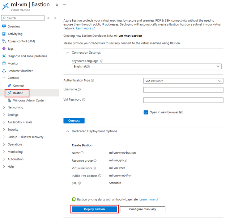 Screenshot: Option „Bastion bereitstellen“
