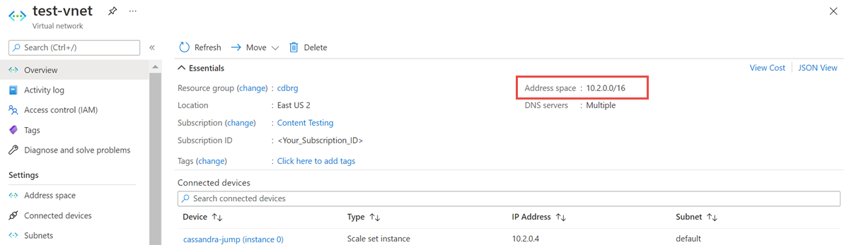 Screenshot, der zeigt, wo der Adressraum Ihres virtuellen Netzwerks abgerufen werden soll.