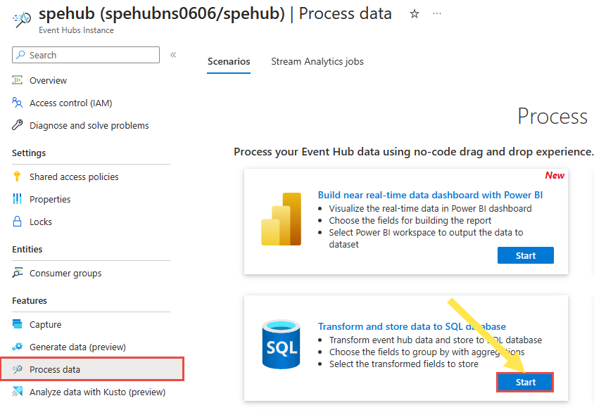Screenshot der den Filter und die Erfassung auf der Karte ADLS Gen2 zeigt, wo Sie Start auswählen.
