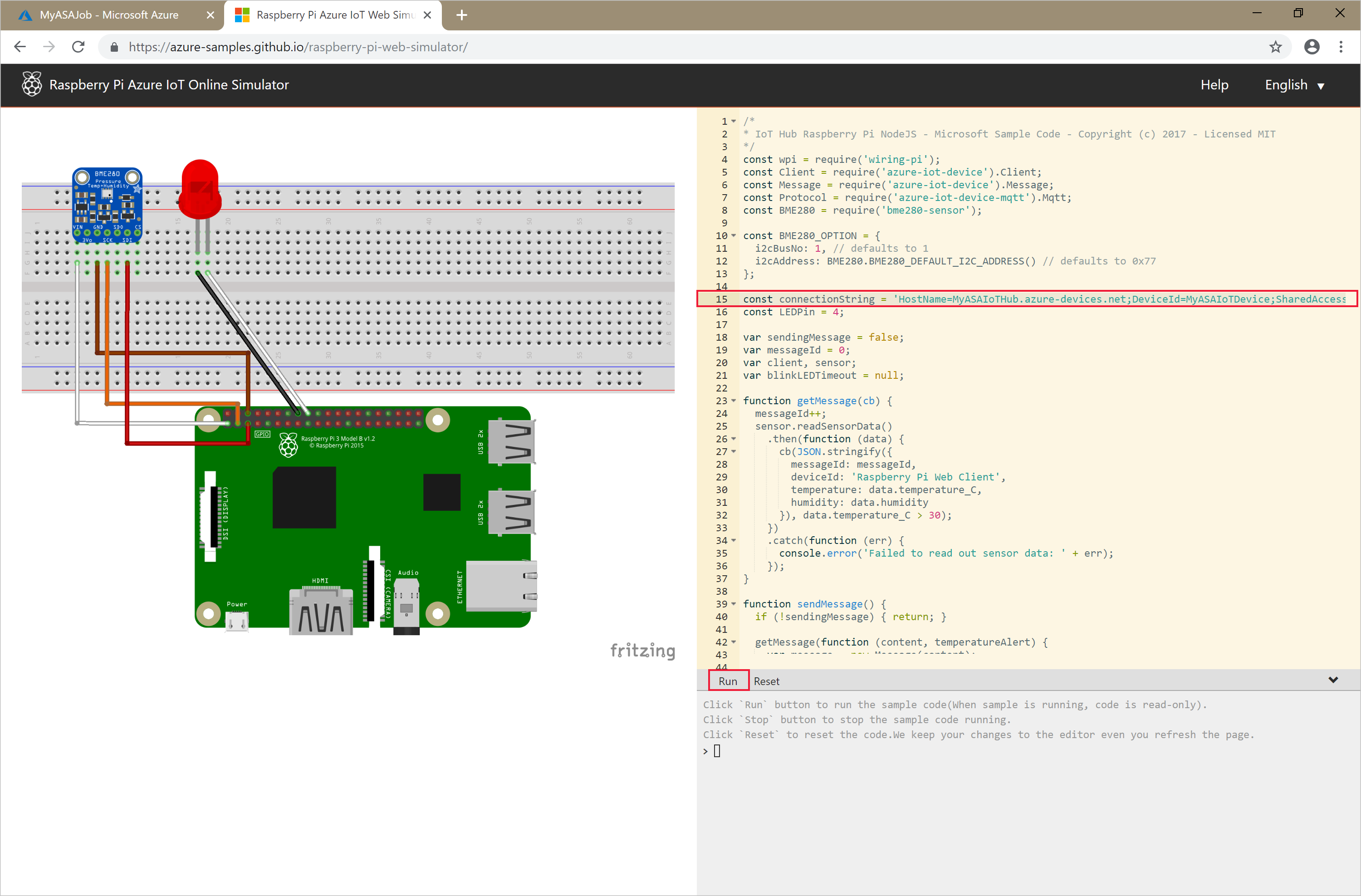 Screenshot des Raspberry Pi Azure IoT Online Simulators.