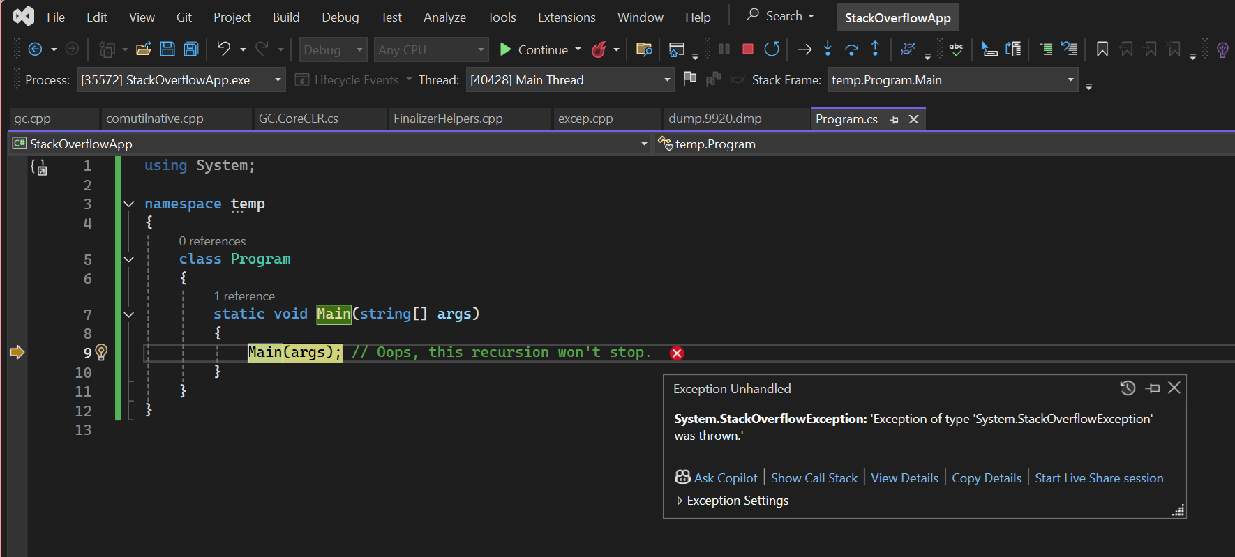 In Visual Studio wird das folgende Dialogfeld „StackOverflowException“ angezeigt.