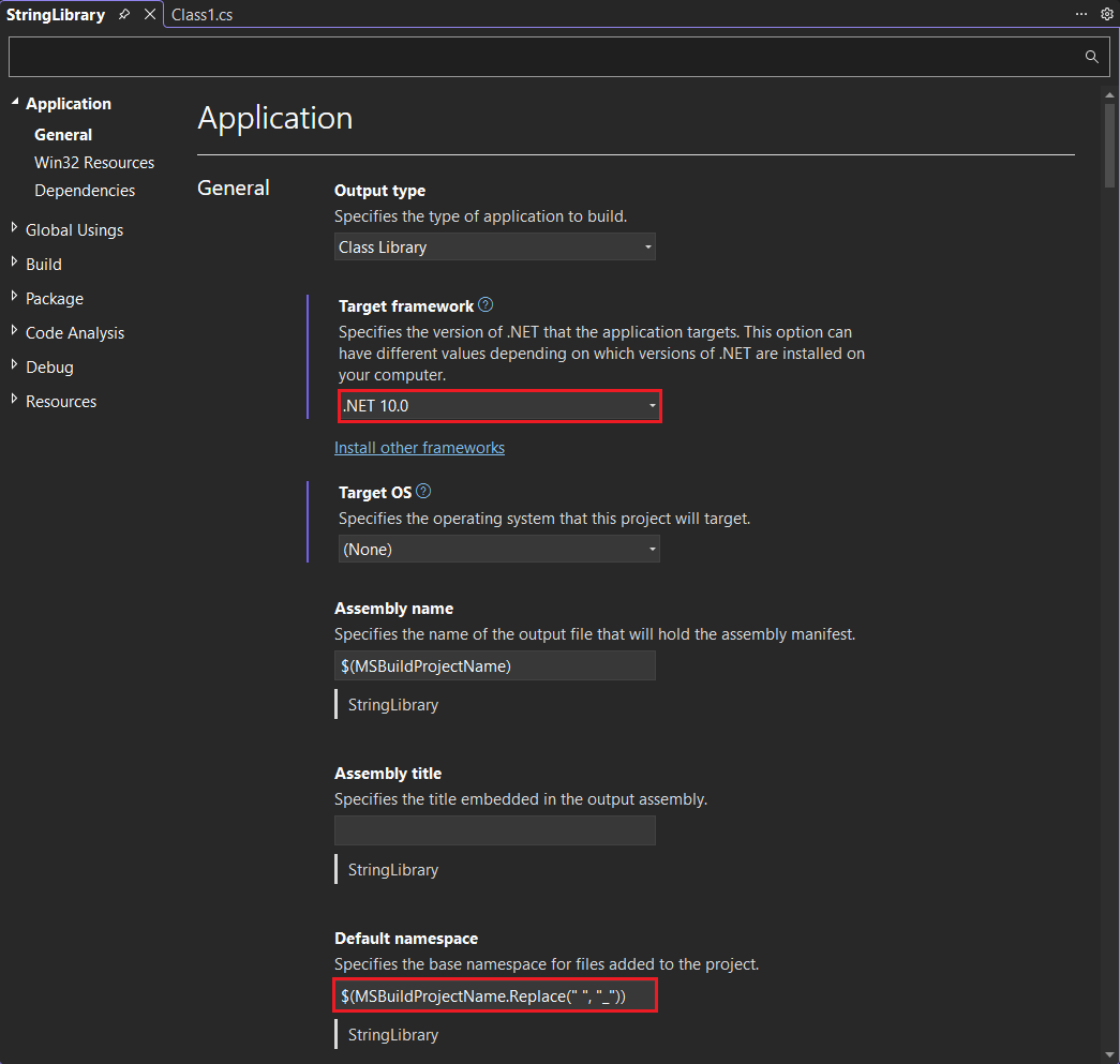 Projekteigenschaften für die Klassenbibliothek