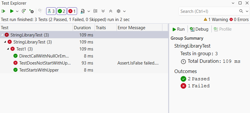 Test-Explorer-Fenster mit fehlgeschlagenen Tests