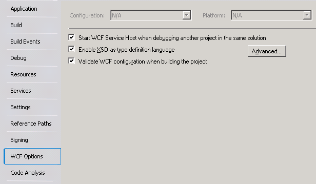Screenshot der WCF-Optionen mit aktivierter Contract-First-Entwicklung.
