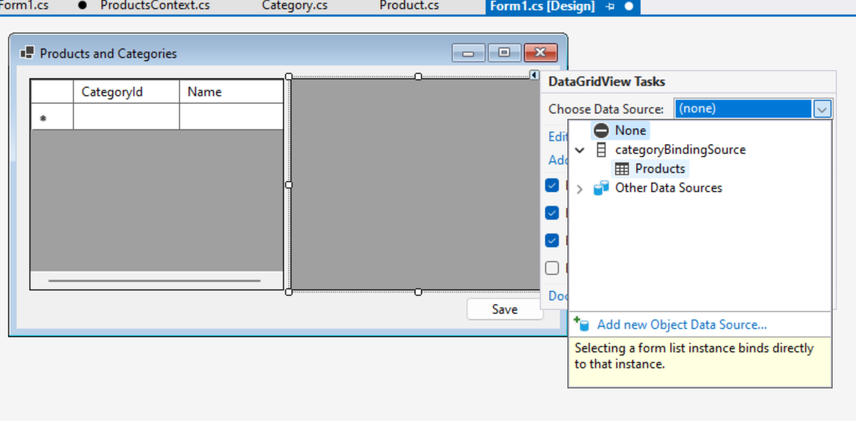 Auswählen der Datenquelle „Produkte“