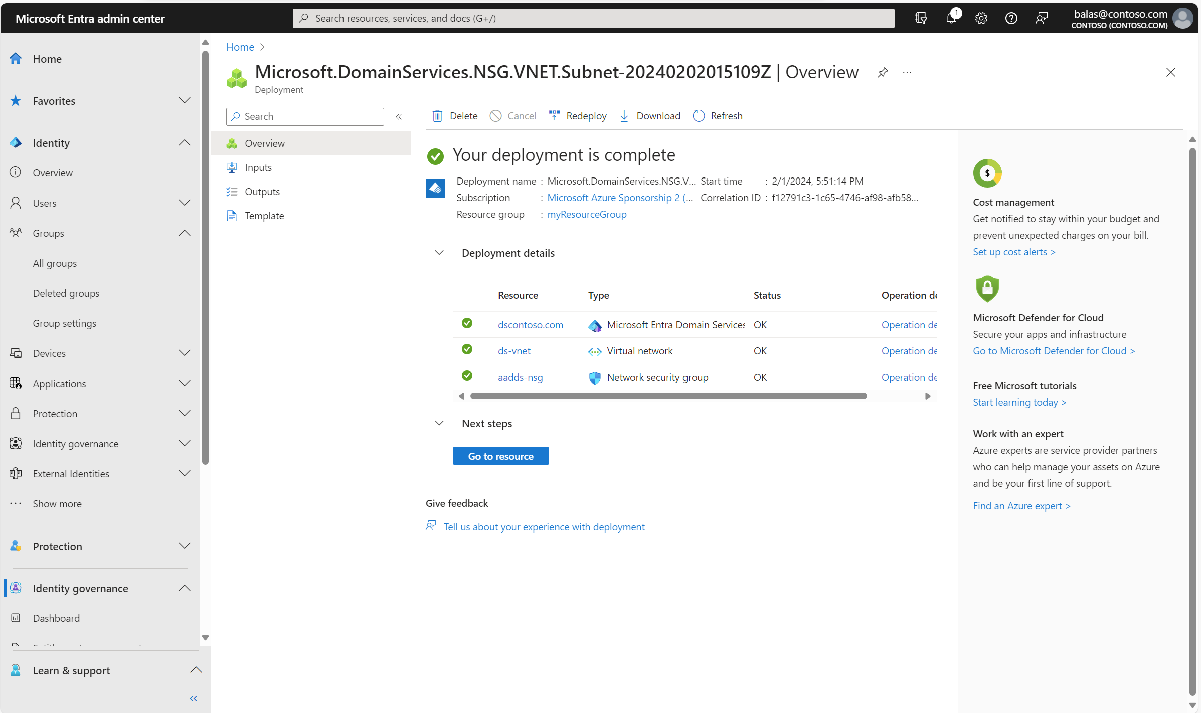 Screenshot der Bereitstellungsdetails für eine verwaltete Domäne.