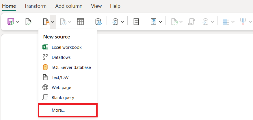 Screenshot des Menüs „Datenfluss“ mit hervorgehobener Schaltfläche „Daten abrufen“ und der Option „Weitere...“ aus dem Menü hervorgehoben.