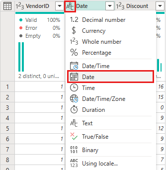 Screenshot der Auswahl des Datentyps 