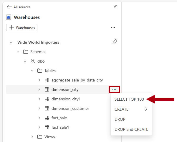 Screenshot des Explorer-Bereichs, wobei die Auswahl der Option SELECT TOP 100 hervorgehoben wird.