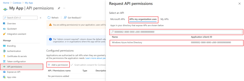 Azure AD Graph-API heißt Windows Azure Active Directory und hat clientID 00000002-0000-0000-c000-000000000000000000000000000.