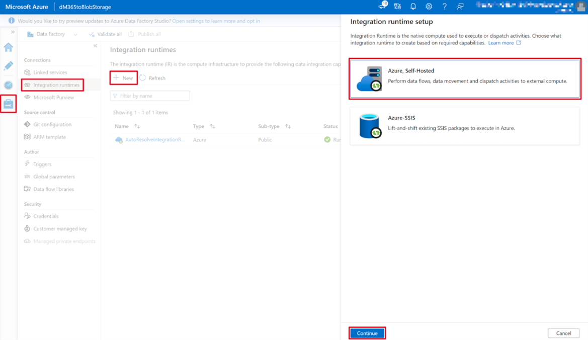 Screenshot der Azure-Portal Data Factory-Dienstseite mit ausgewählter Azure, selbstgehostet.