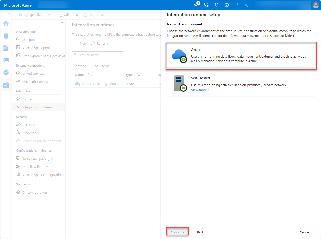 Screenshot: Integration Runtime-Setup mit ausgewählter Azure für die Netzwerkumgebung und hervorgehobener Option 
