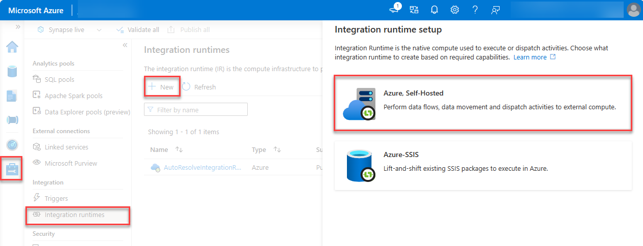 Screenshot: Integration Runtime-Setup mit hervorgehobener Azure Self-Hosted